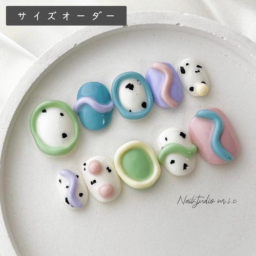 ネイルチップ サイズオーダー 韓国 ポップ ぷっくり パステル