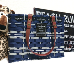 再)クラフトバンド＊かごバッグショルダーM/ブルー×ブラック かご