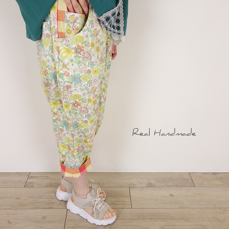 [予約販売] レトロフラワーとブロックチェックボーイフレンドパンツ