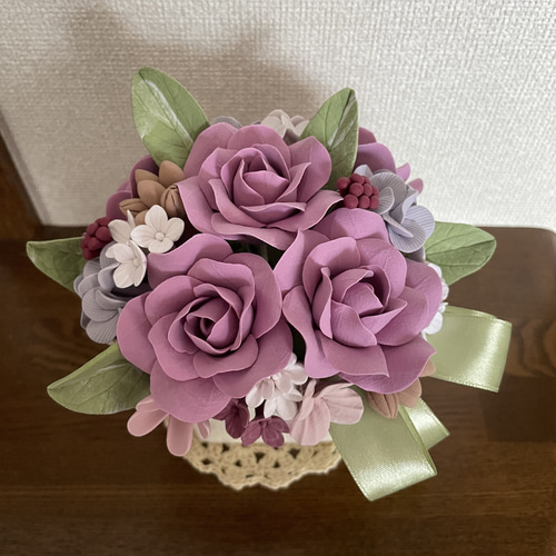 クレイクラフト ❁ スモーキーピンクとグリーンリボンのアレンジ