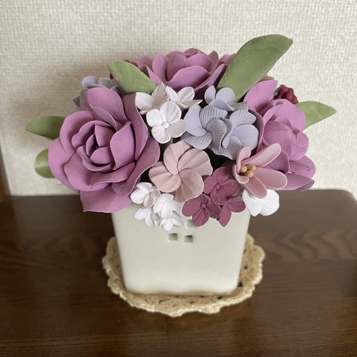 クレイクラフト ❁ スモーキーピンクとグリーンリボンのアレンジ