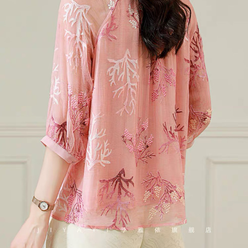 ジョゼットシルク100%】刺繡生地 上品に透けるフェミニンブラウス