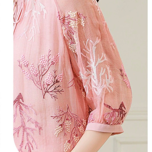 ジョゼットシルク100%】刺繡生地 上品に透けるフェミニンブラウス