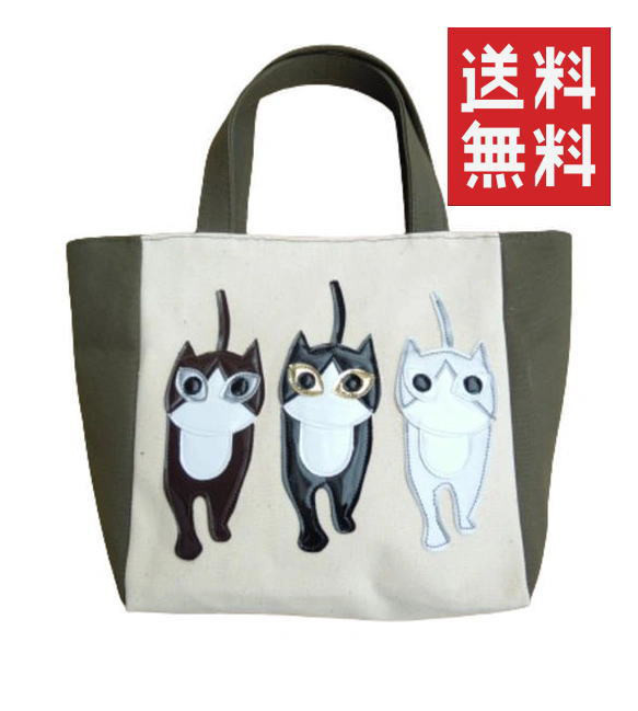 ハチ割れ3ニャン隊 猫柄トートバッグ 8号帆布 猫グッズ 好き おもしろ