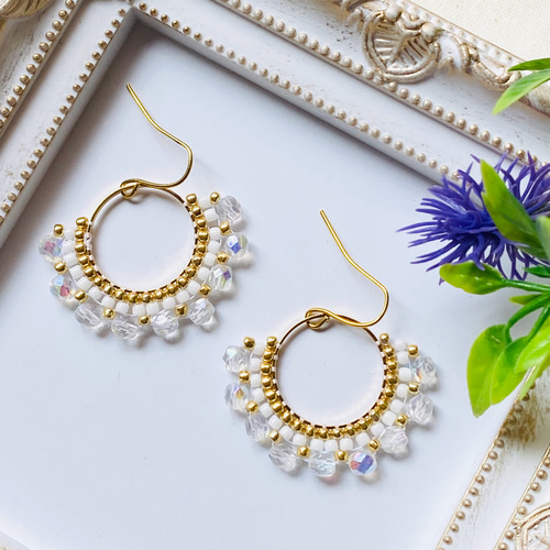 クリスタル チェコビーズ ゴールド リング フープピアス/イヤリング