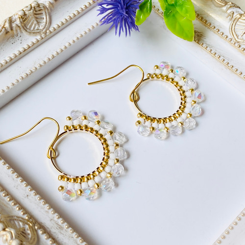 チェコガラスクリア　シャンデリアゴールドフープ☞ハンドメイド ピアス イヤリング チェコガラスクリア シャンデリアゴールドフープ☞ハンドメイド