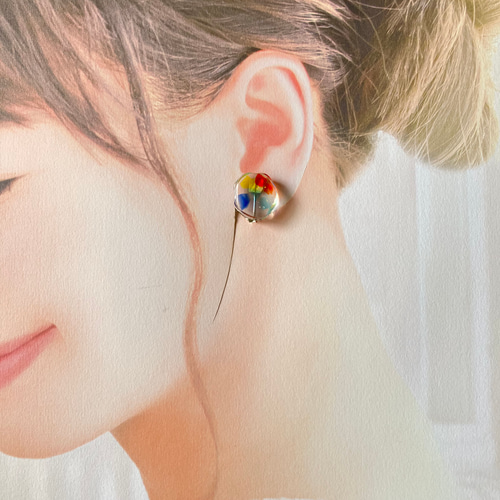 No.1509-細長F 琉球ガラス☆寒色MIX☆ピアス・イヤリング 琉球ガラスの丸い 