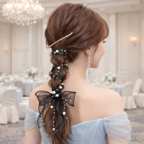 揺れる パールリボン ポニーフック ブライダル 浴衣 ヘアアクセサリー