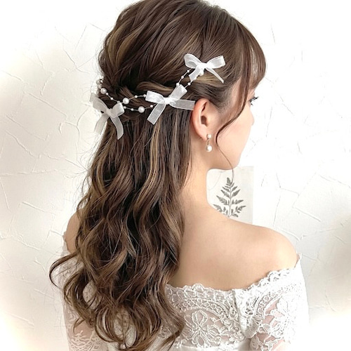揺れる パールリボン ポニーフック ブライダル 浴衣 ヘアアクセサリー