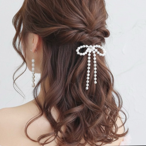 揺れる パールリボン ポニーフック ブライダル 浴衣 ヘアアクセサリー