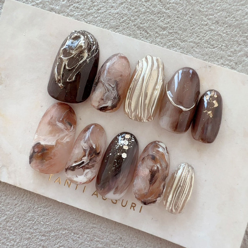 カフェオレ ネイルチップ カフェラテ カフェモカ マーブル柄 茶色系