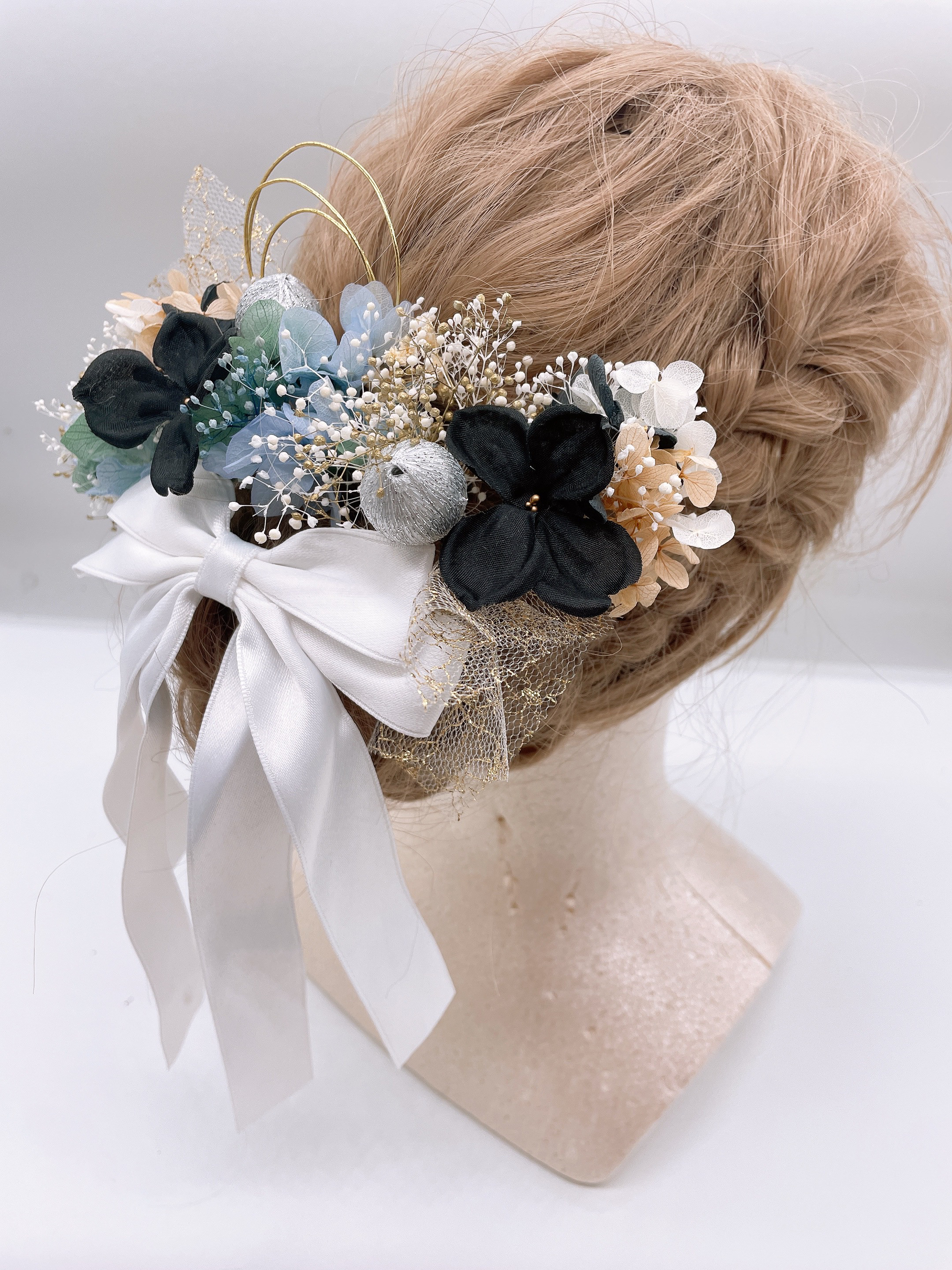 和装髪飾り　ヘッドドレス　水引×金箔×リボン