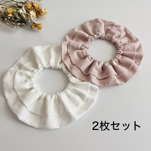 【再販】ハンドメイド品　フリルスタイ　チェリー柄　まとめ売り　3枚セット売り 2枚セット】2段フリルのまんまるスタイ スタイ・よだれかけ mille 通販