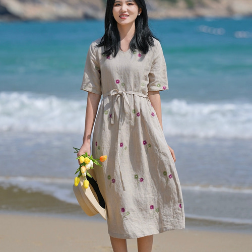 FOXEY リネン フラワー ワンピース 刺繍 ナチュラル 38 FOXEY リネン フラワー ワンピース 刺繍 ナチュラル 38 FOXEY 38
