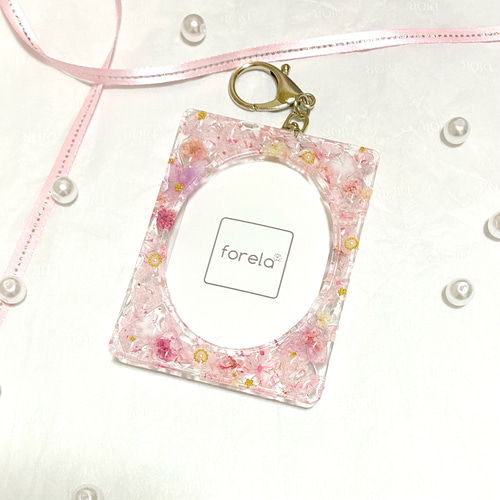 NO.1 チェキケース トレカキーホルダー デコ ハート ピンク系フラワー