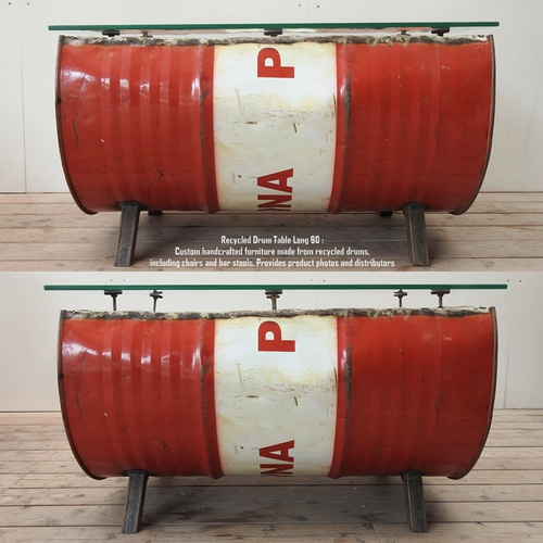 訳有 一点物 ドラム缶をリメイクしたテーブル 90cm ガラステーブル