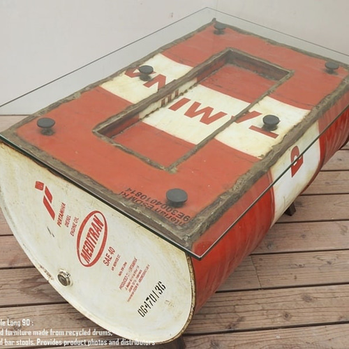 訳有 一点物 ドラム缶をリメイクしたテーブル 90cm ガラステーブル