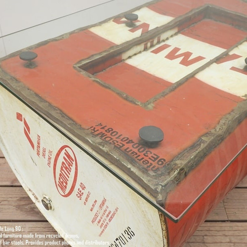 訳有 一点物 ドラム缶をリメイクしたテーブル 90cm ガラステーブル