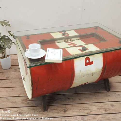 訳有 一点物 ドラム缶をリメイクしたテーブル 90cm ガラス 訳有 一点物 ドラム缶をリメイクしたテーブル 90cm ガラス