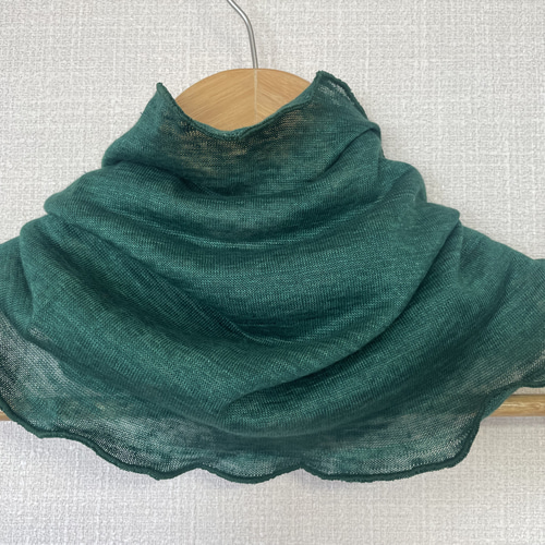 ゆったりリネン麻100%オリーブグリーンシングルウェーブ手作りネック