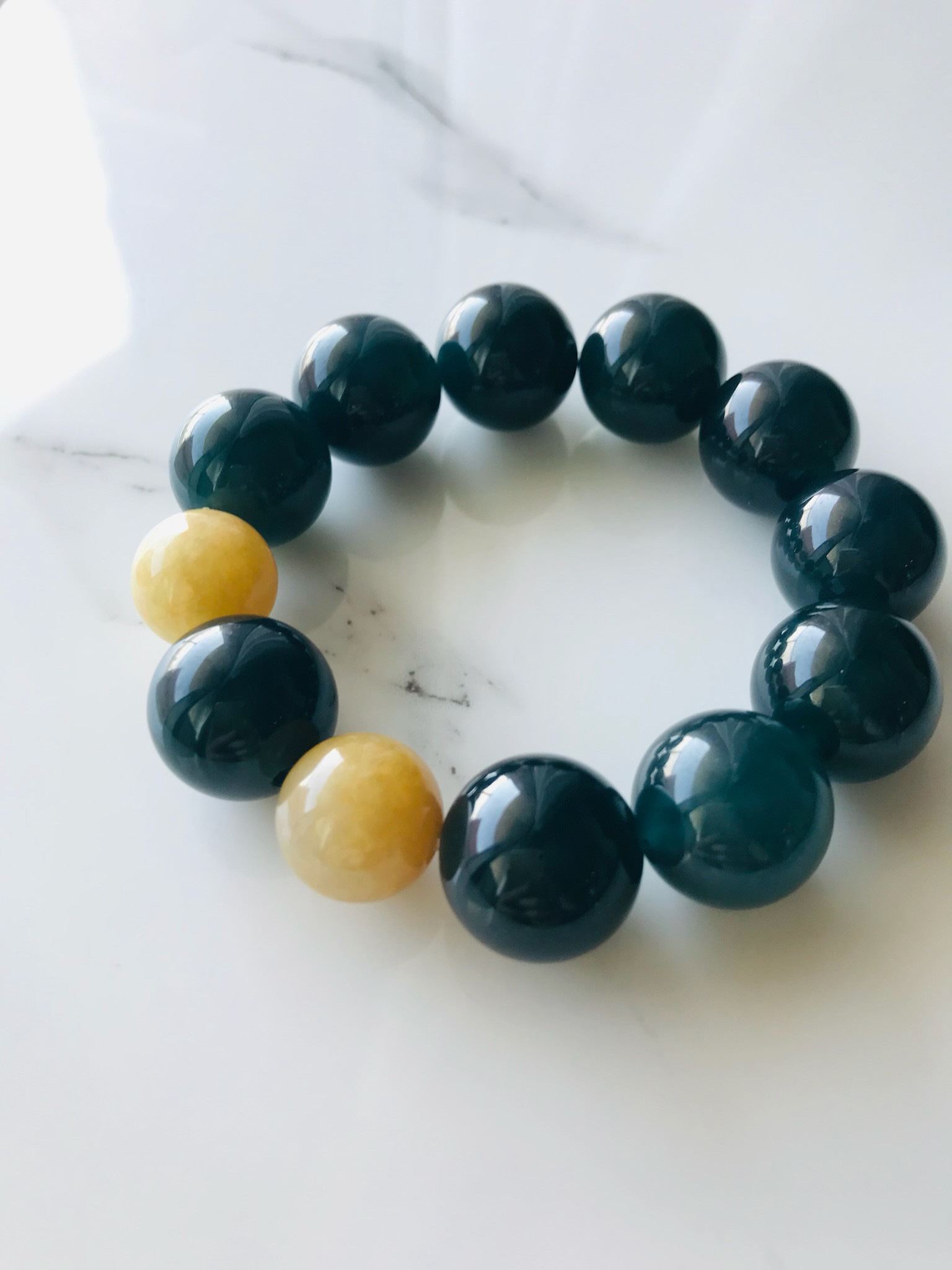 【B3160-0113】ジェイド　ヒスイ　ブレスレット　ミャンマー産　イエロー　グアテマラ産　ダークグリーンブルー　大粒