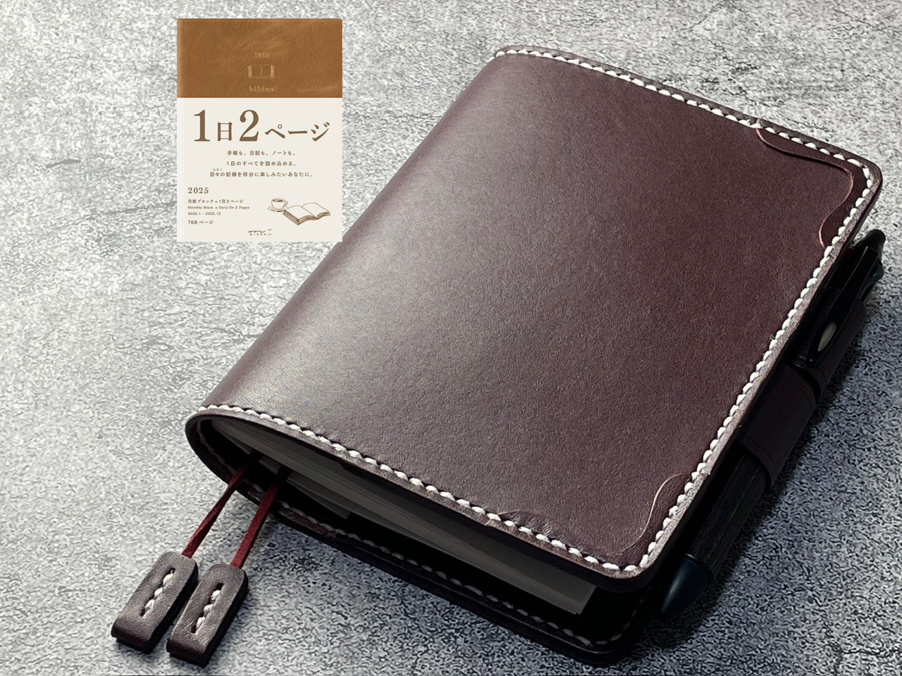 【手縫】ミドリhibino手帳用A6ワインレッド本革カバー（角花飾）2本しおり付き（バタフライストッパー）