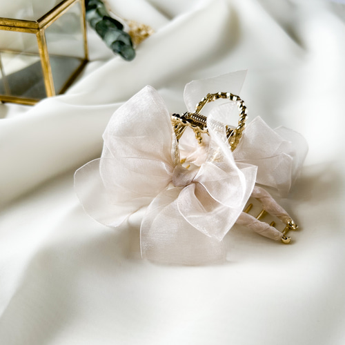 オーガンジー リボンループバンスクリップ/M/ピンクベージュ/802-2  