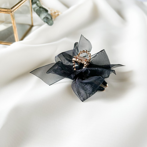 オーガンジー リボンループバンスクリップ/S/ブラック/804-1 ヘア  