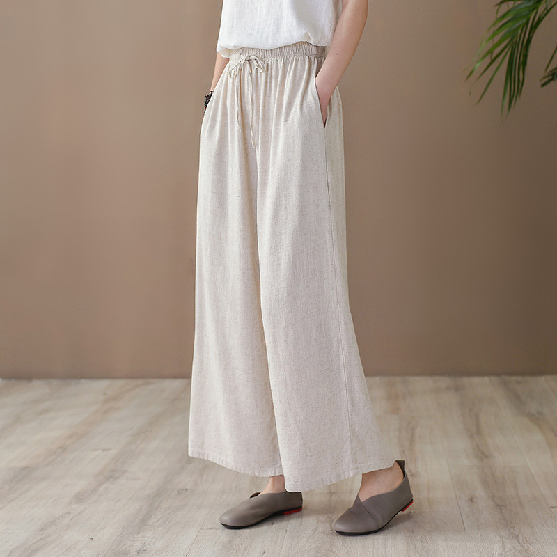 春夏新作 コットンリネン レディース レトロ ストレート パンツ ウエストゴム入り リネン クロップド ワイドパンツ