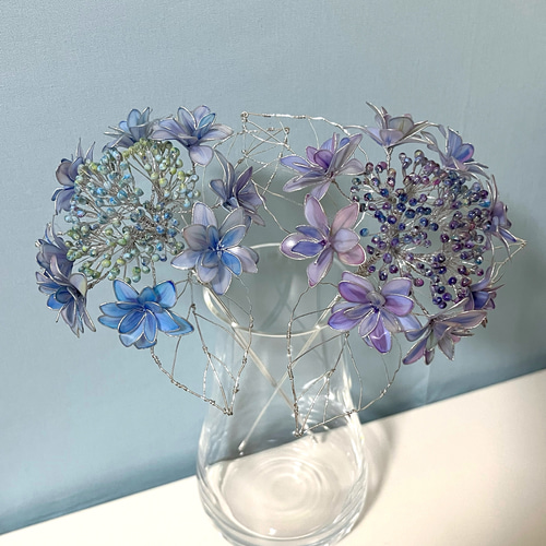 かき氷カラー　大きな紫陽花リース　ワイヤークラフト　ディップアート　一点物 かき氷カラー 大きな紫陽花リース ワイヤークラフト ディップ