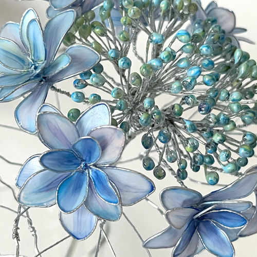 ユーカリブーケ　ブルー紫陽花一輪挿し　ワイヤークラフト　ディップアート　アート ワイヤークラフト ブルー紫陽花 ディップフラワー インテリア