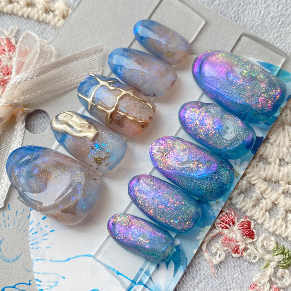 サイズオーダー】ネイルチップ うるうるブルーニュアンス 夏