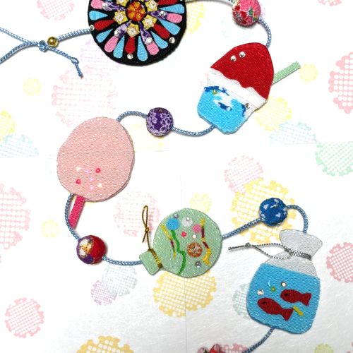 ちりめん細工の吊るし飾り「夏祭り」 花火大会と縁日 ガーランド