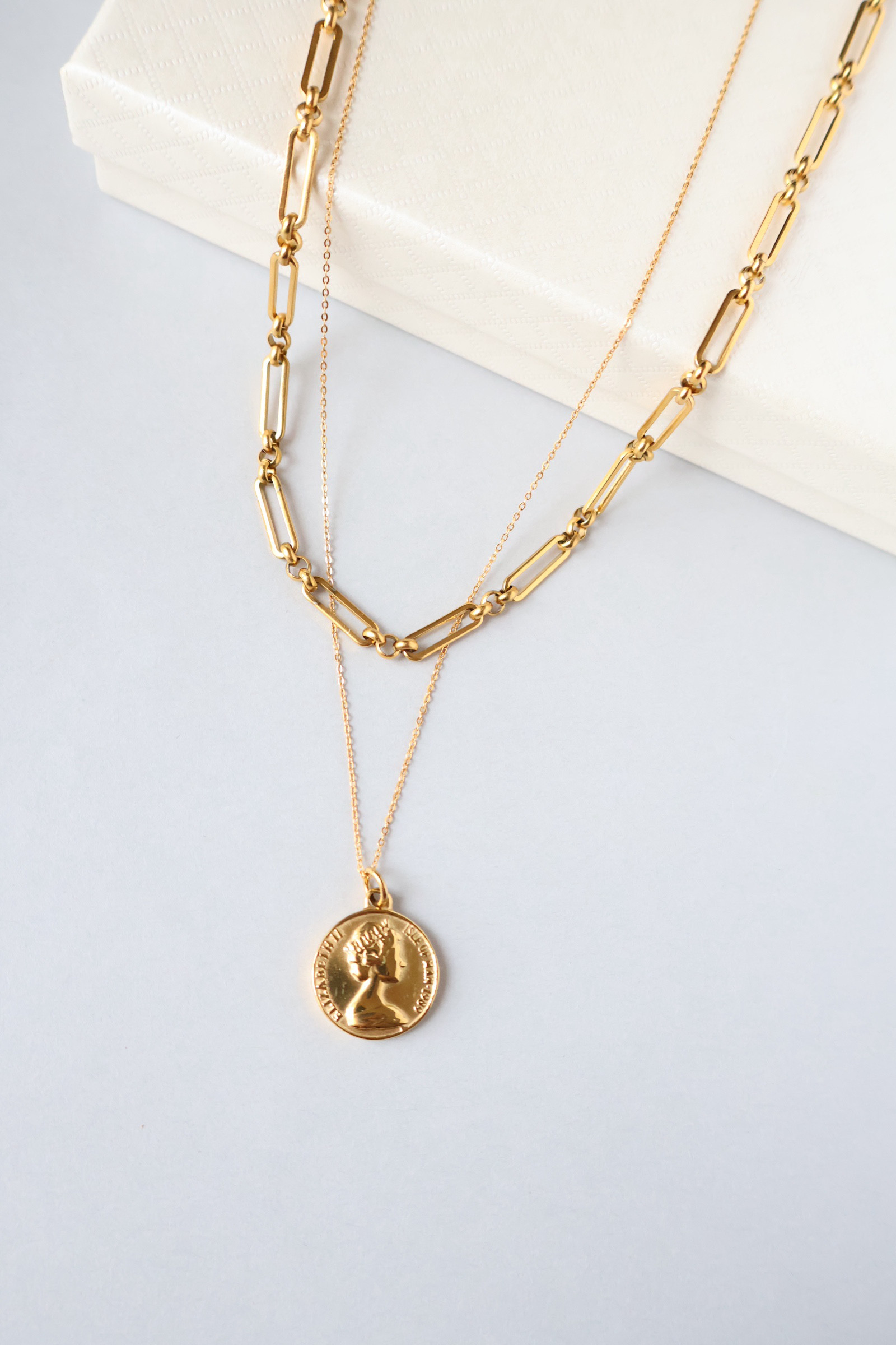 コインネックレスとボックスチェーンの2本セット　サージカルステンレス18k仕上げ　付けっぱなしOK