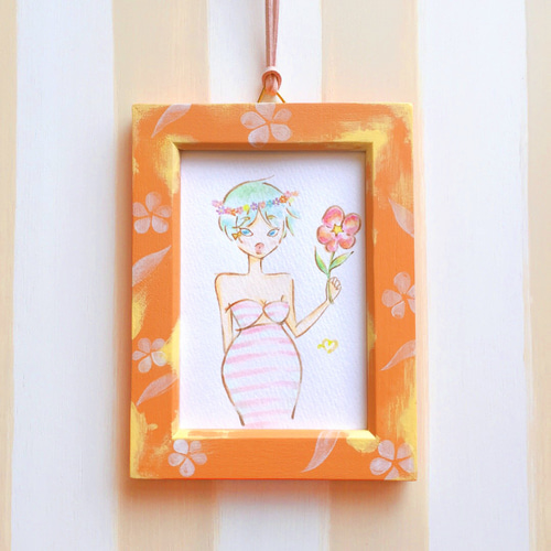 ガールズイラスト & 木製フォトフレーム L判【Floral】水彩 ♥ 壁掛け