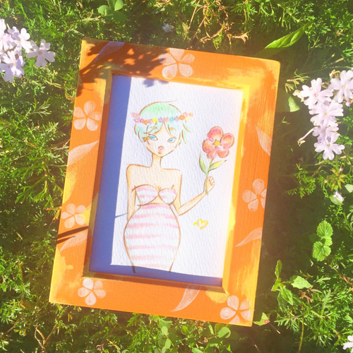 ガールズイラスト & 木製フォトフレーム L判【Floral】水彩 ♥ 壁掛け