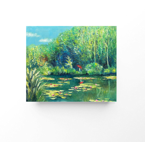 油絵 原画 オリジナル「睡蓮と日傘の女性2」送料無料 絵画