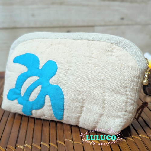 ハワイアンキルトポーチ ☆ ハイビスカス/ホヌ ブルー ポーチ LULUCO