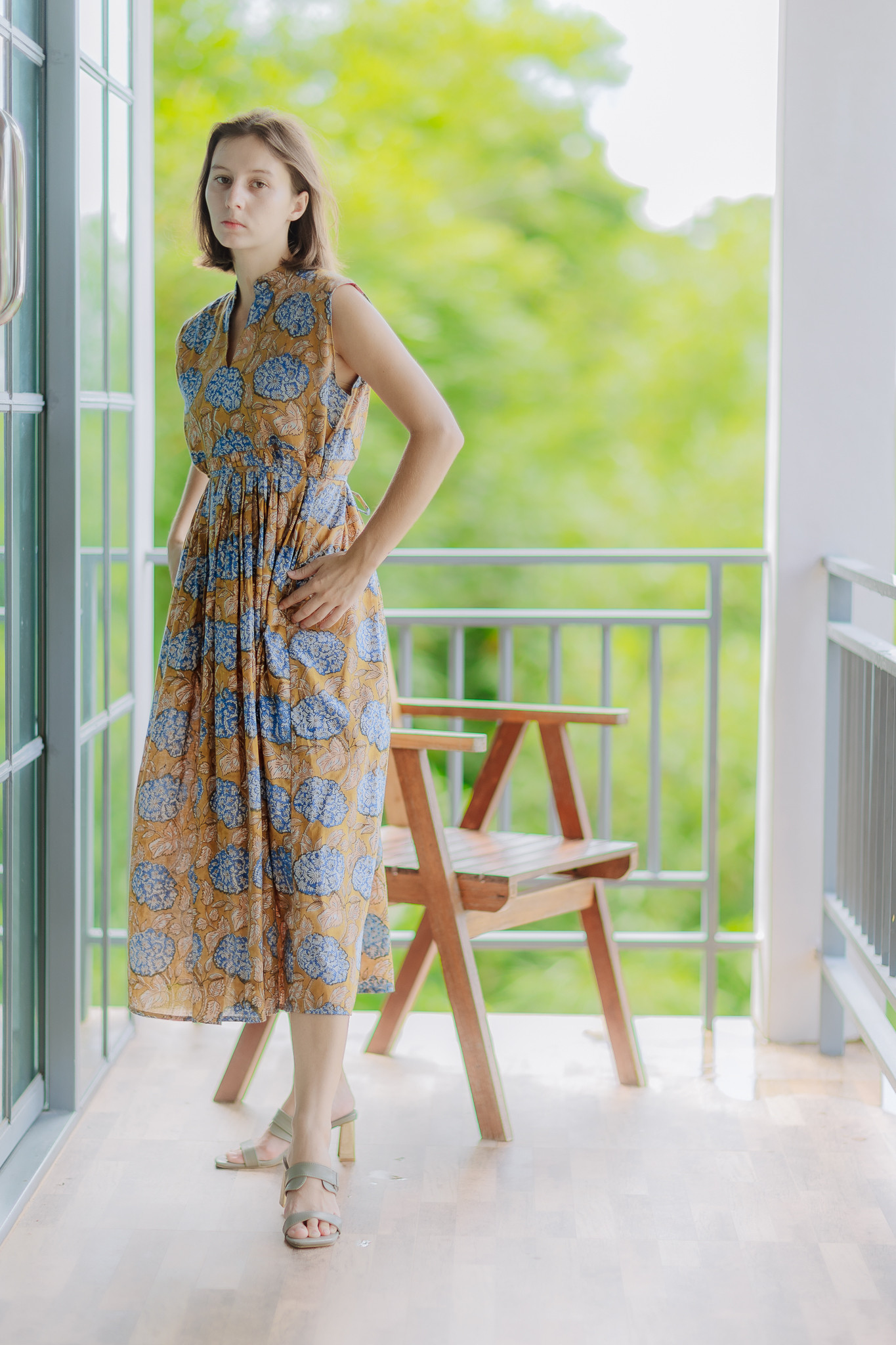 ギャザーワンピース(ハンドブロックプリント)