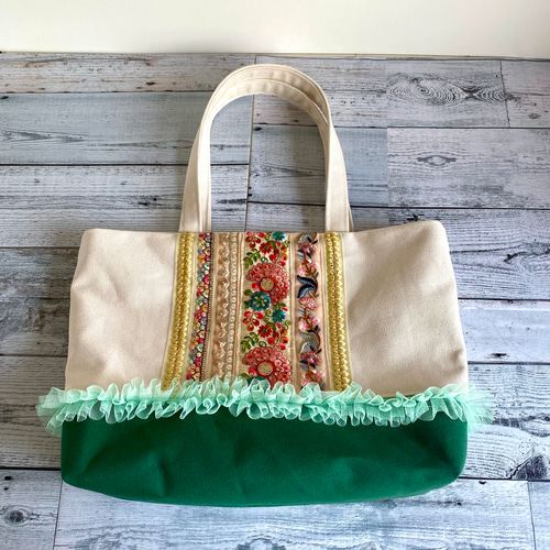 エスニック トートバッグ パッチワーク 大きめ 33cm インド刺繍