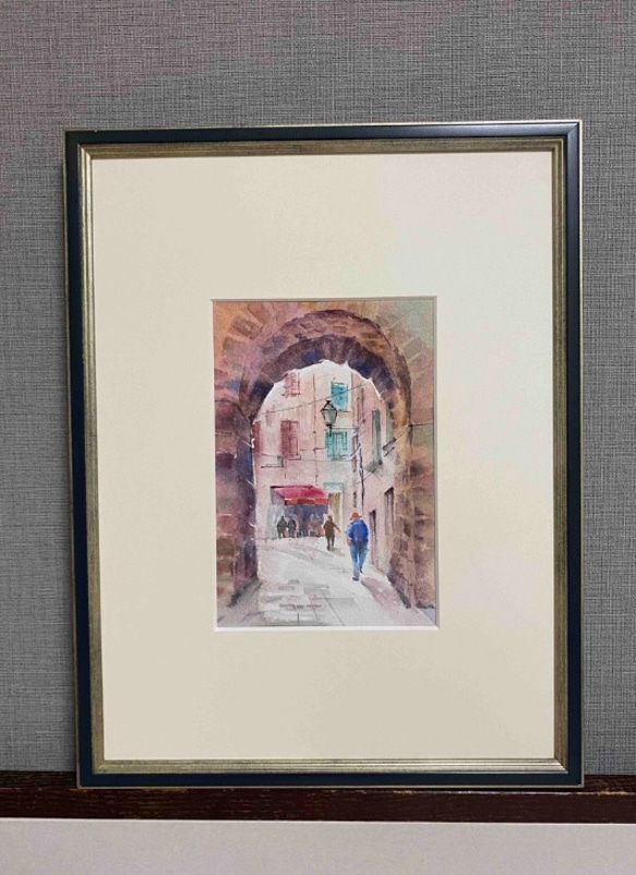 221）原画 水彩画 風景画 南フランスの小さな村 絵画 マグリット