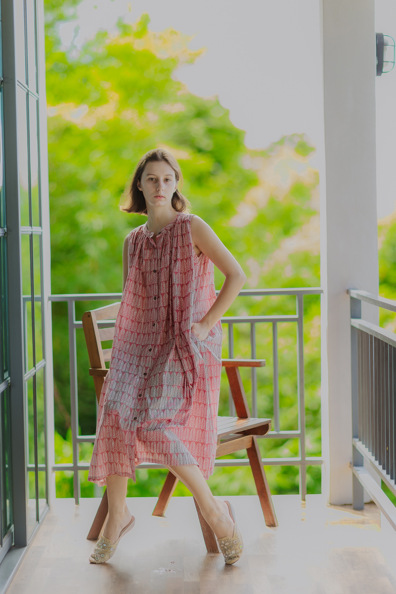 <インド綿/スクリーンプリント>ギャザーボタンワンピース