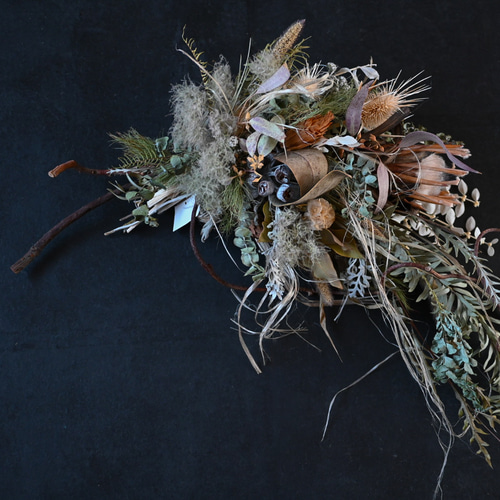 6【初夏のドライフラワースワッグ】スモークツリー、プロテア、横型  