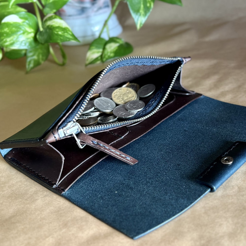 ハンドメイド　レザー長財布 ネイビー　革財布 ロングウォレット/ネイビー【イタリアンレザー】レディース/メンズ