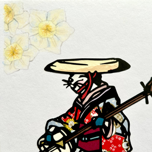 切り絵”和好み”【春・あきんど猫(女太夫)】 切り絵 手づくり和雑貨 紙