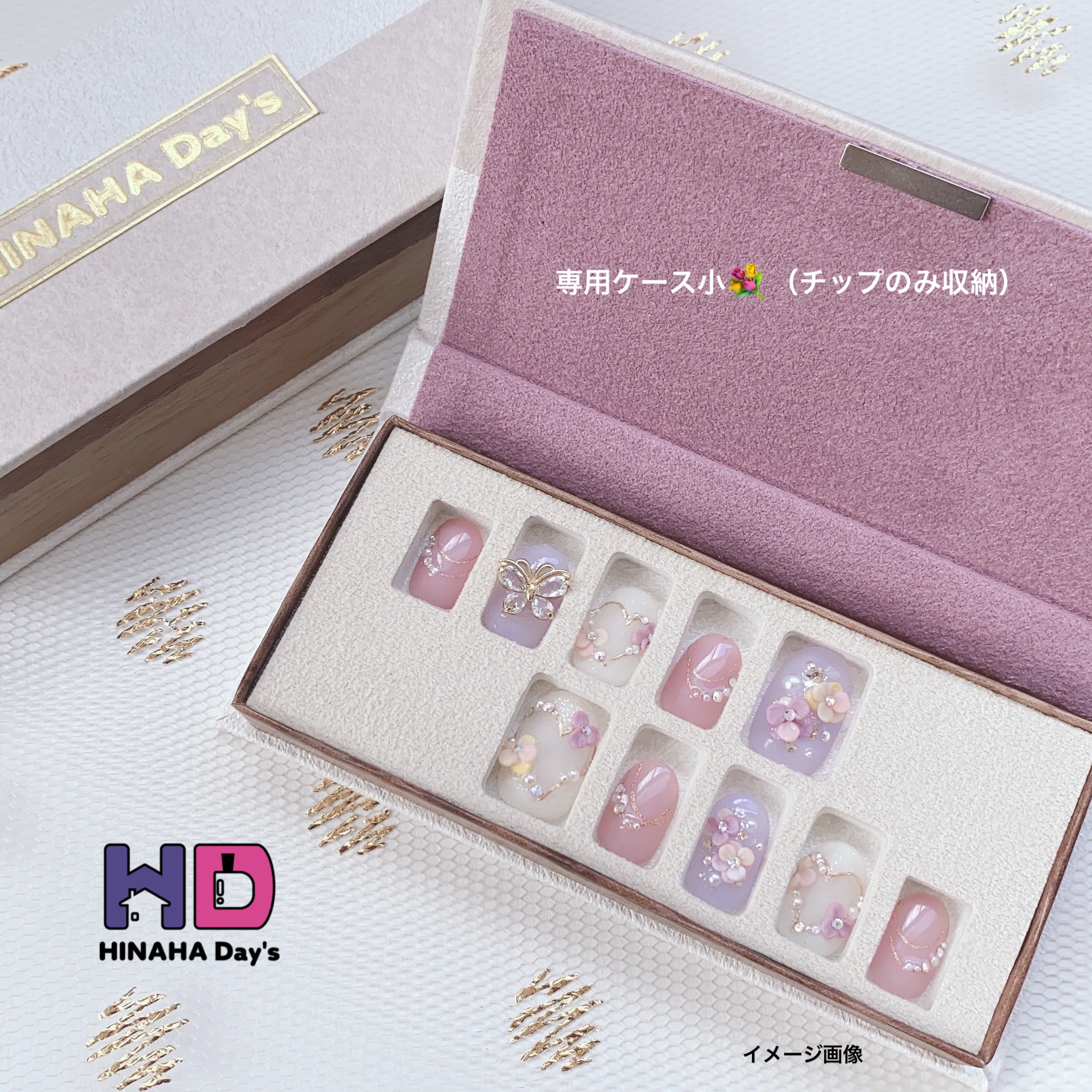 新作♡《専用ケース付✨》ブライダルネイルチップ/3D/リボン/アイボリー/ピンクゴールド/花/ブーケ/可愛い/個性的