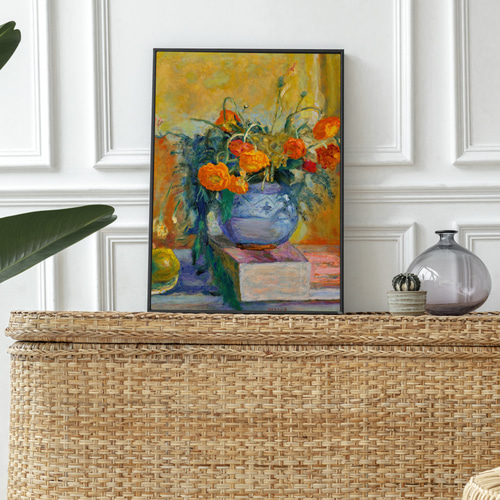 NO.597】ラナンキュラスと青い花瓶絵画アートポスター☆オレンジ色夏
