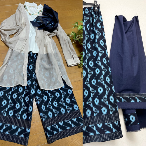 絣ワイドパンツ＋ストール＊着物リメイク キュロット・ワイドパンツ 