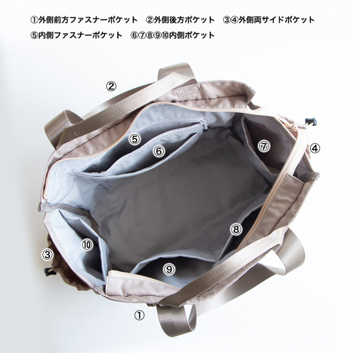 10ポケットトートバッグ 撥水加工リサイクルナイロン【ベージュ