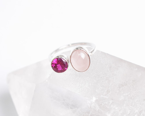 ローズクォーツとルビーのシルバーリング Silver925 ダブルストーン